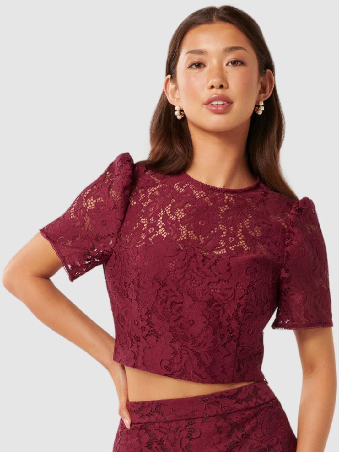 

Forever New Flutter Sleeve Lace short Top, Maroon