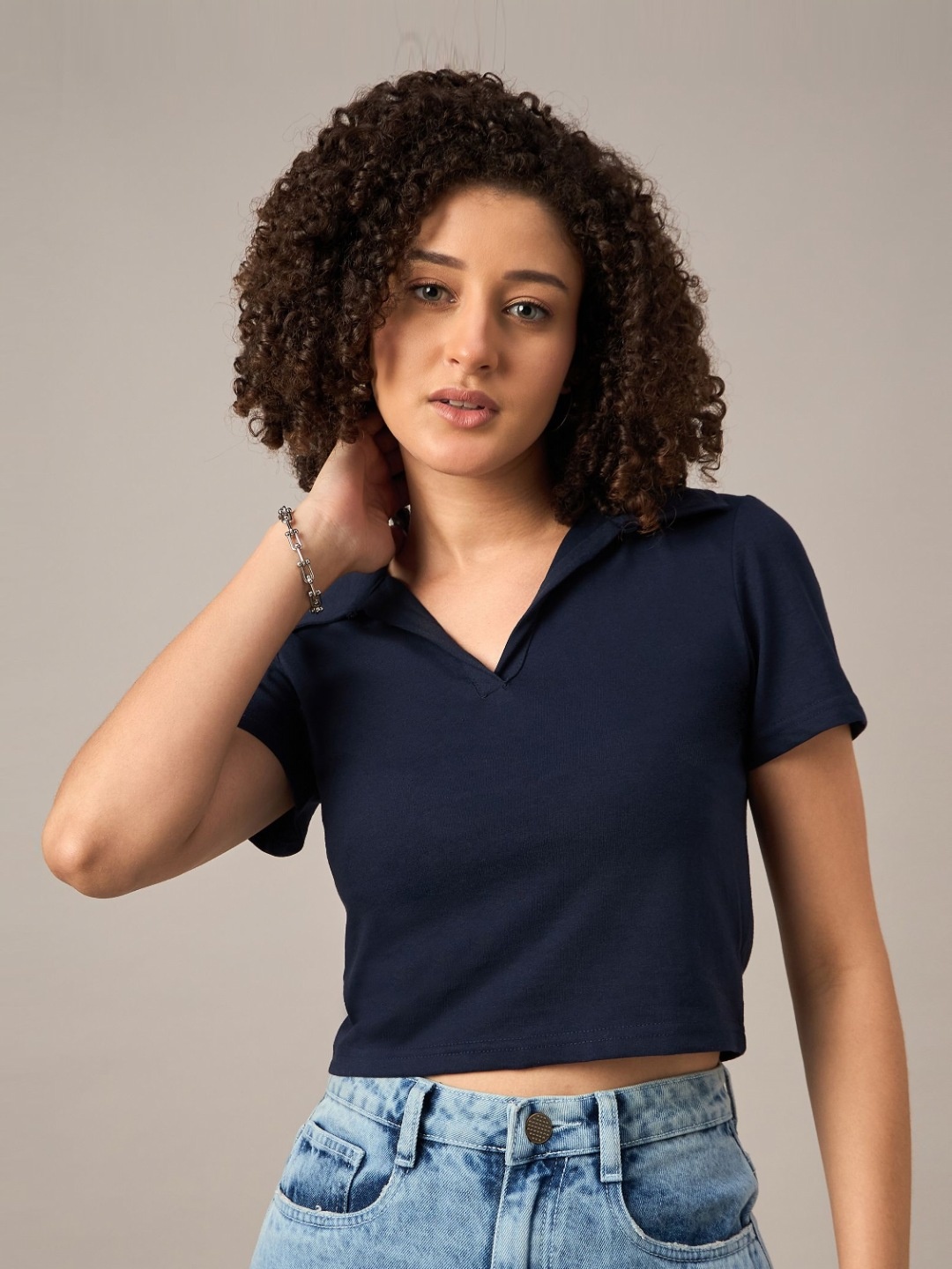 

Mayra Women Solid Polo Collar Cotton T-shirt, Navy blue