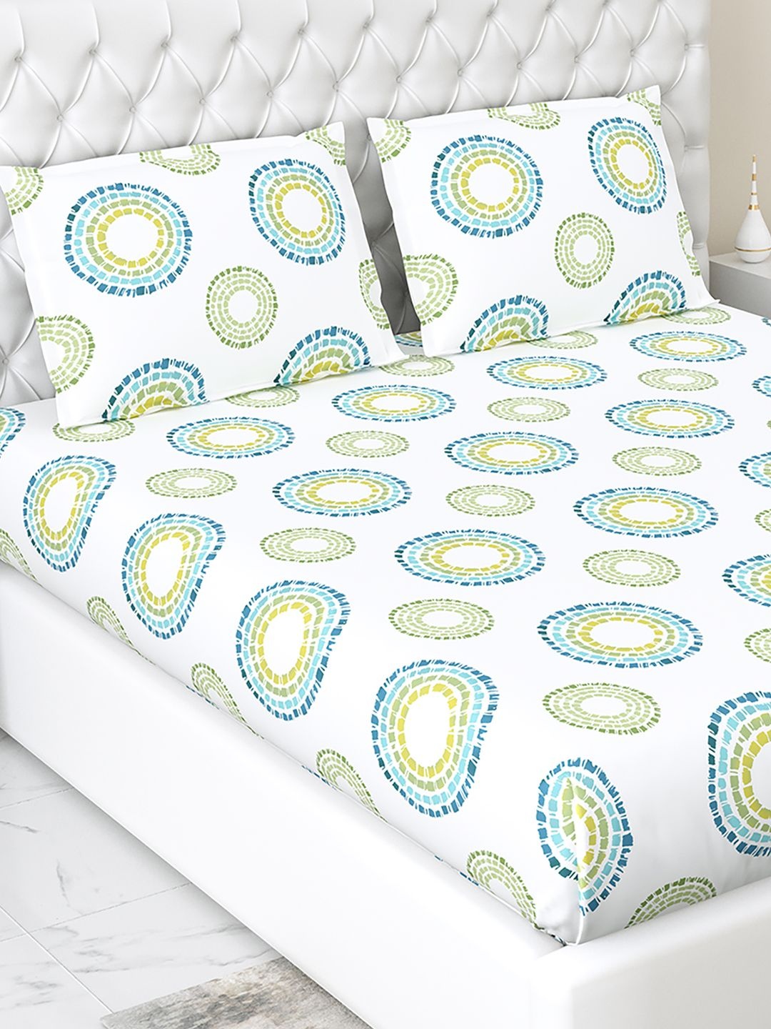 

haus & kinder Radiant Circle White 144 TC Pure Cotton King Fitted Bedsheet Set 1.8 x 1.9m