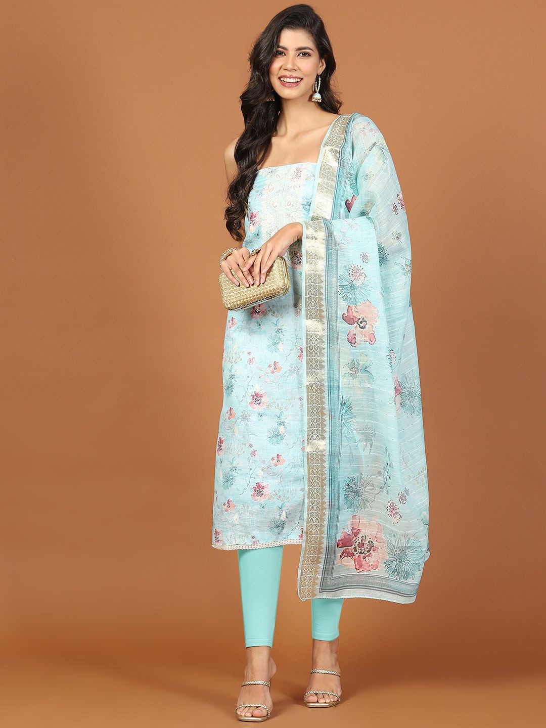 

Meena Bazaar Floral Printed Cotton Unstitched Dress Material, Sea green