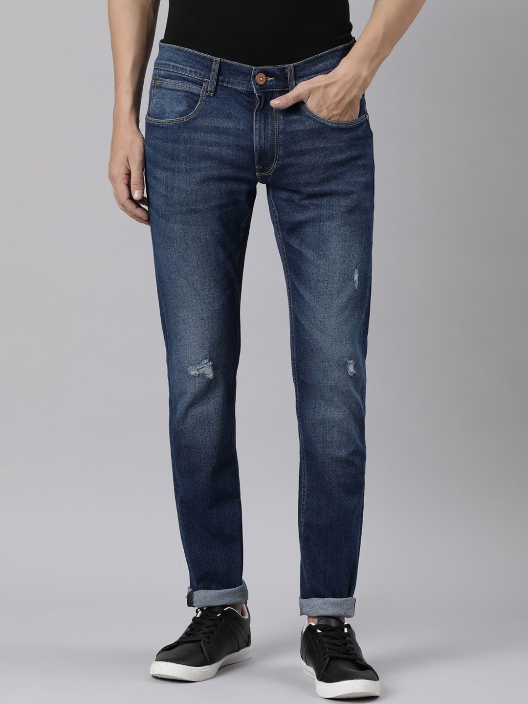 

American Bull Men Cotton Slim Fit Mildly Distressed Light Fade Stretchable Jeans, Blue
