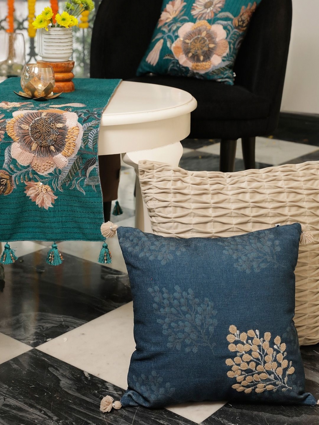 

ONSETHOMES Blue Cotton Embroidered Square Cushion Cover