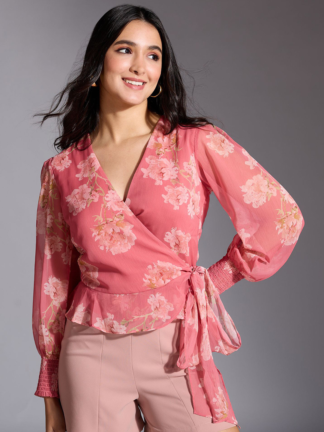 

20Dresses Floral Print Chiffon Wrap Top, Pink