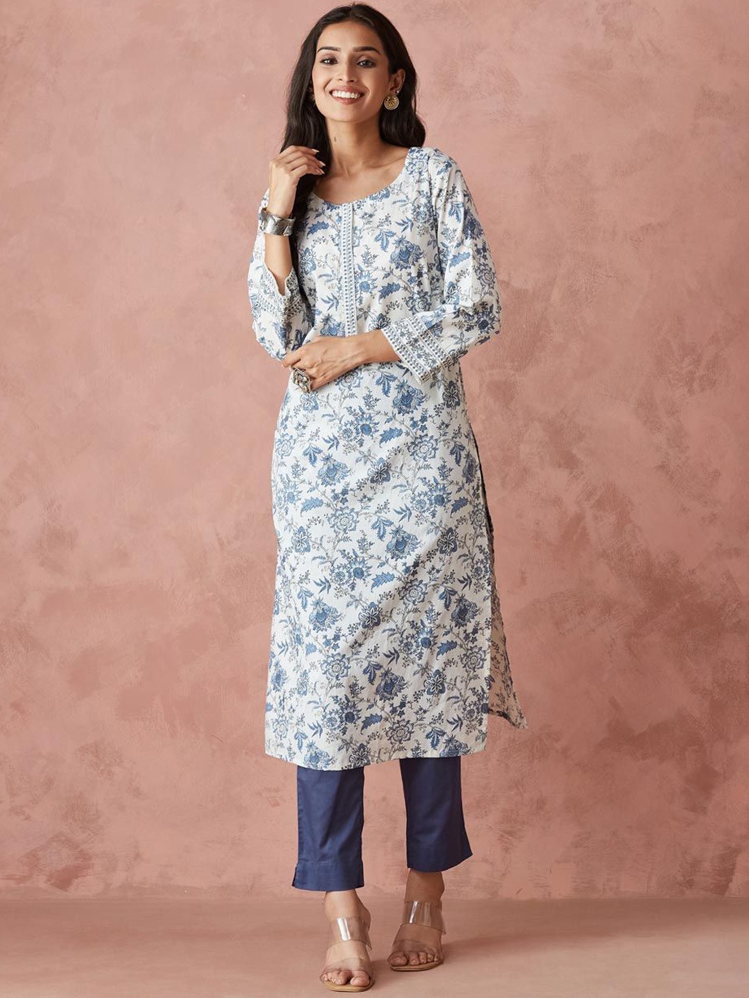 

Fabindia Floral Printed Pure Cotton Straight Kurta With Trouser, White