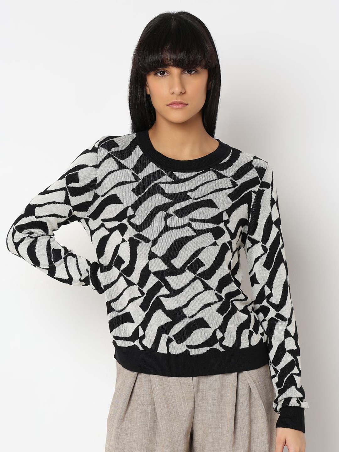 

Vero Moda Women Black and Grey Full Sleeves Round Neck Printed Pullover Sweaters