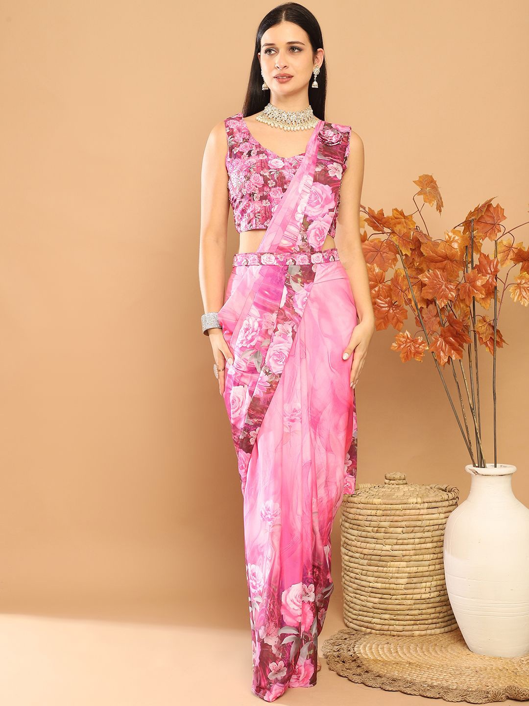 

Grancy Floral Printed Ready to Wear Pure Crepe Leheriya Saree, Pink