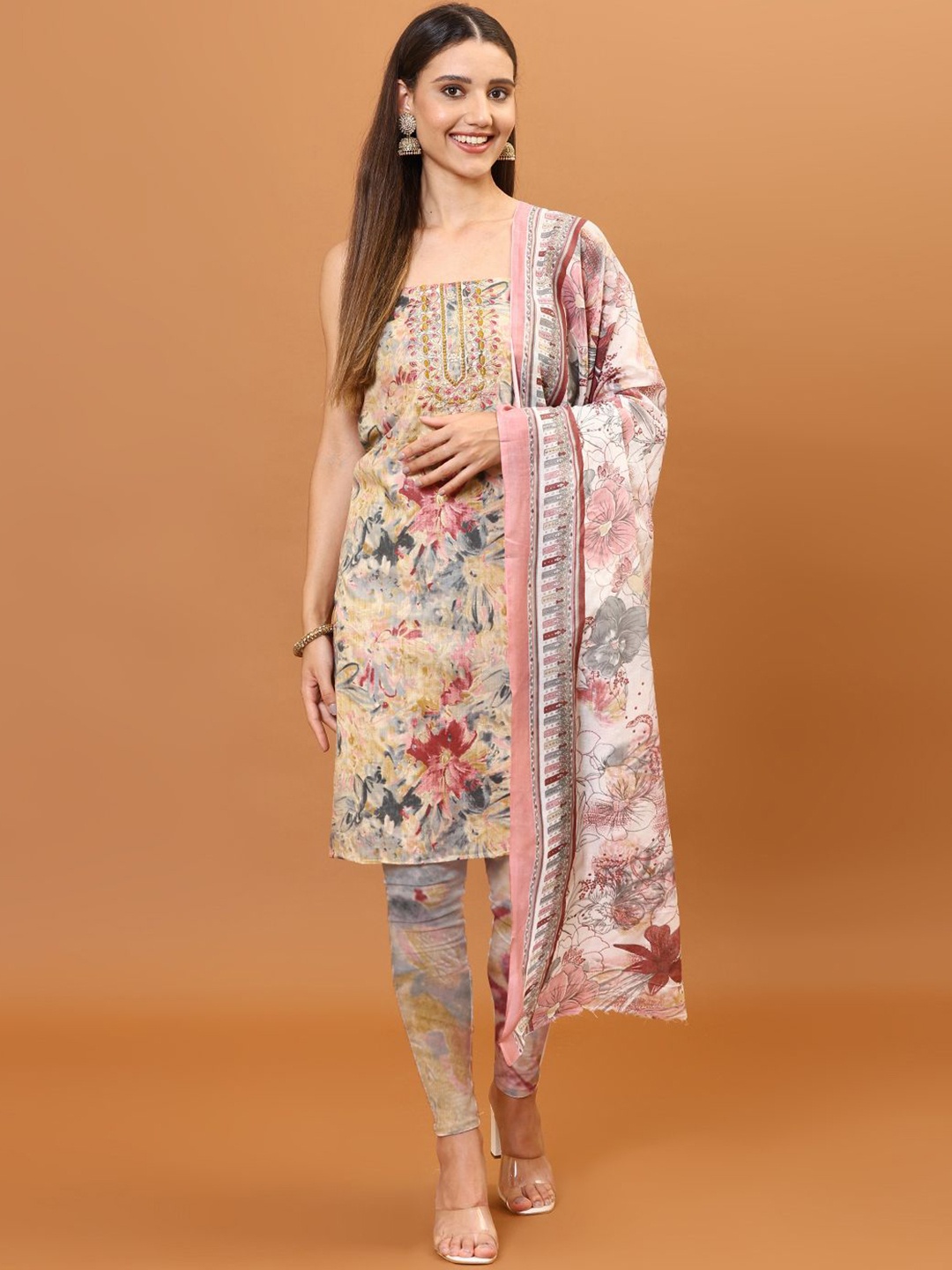 

Meena Bazaar Floral Printed Thread Work Unstitched Dress Material, Beige
