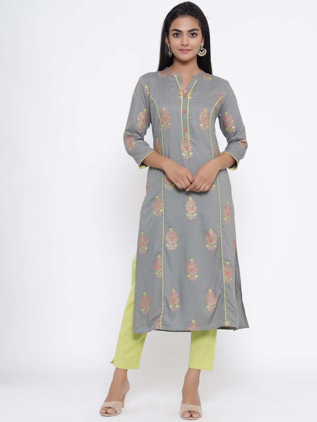 

Anouk Grey Floral Printed Mandarin Collar Pure Cotton Straight Kurta With Trouser