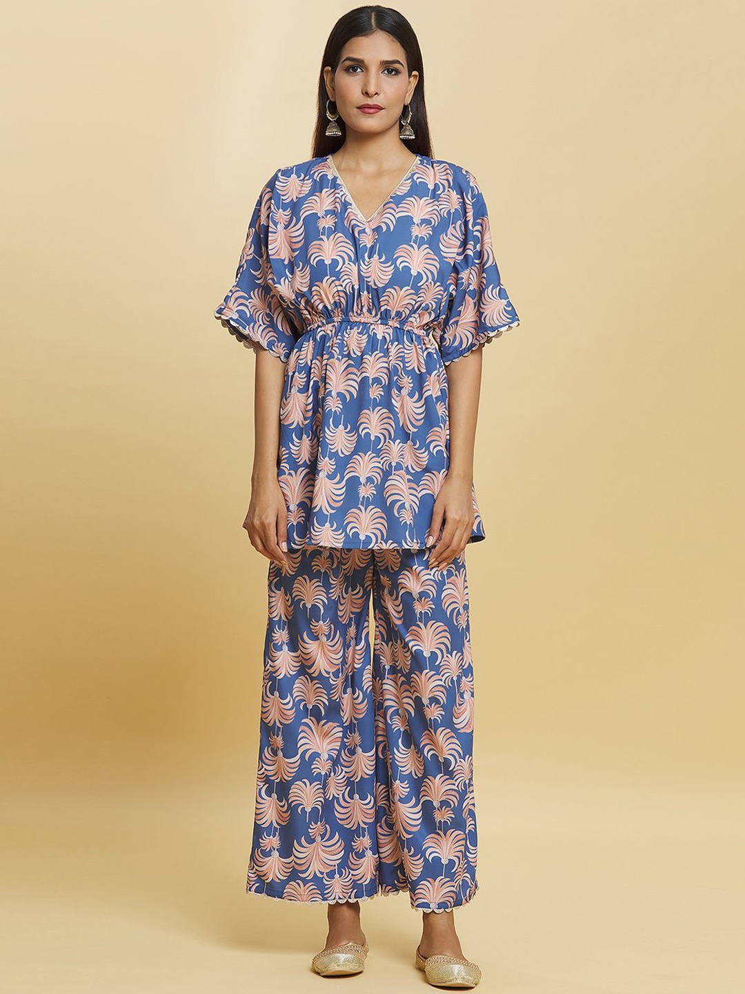 

Adara Khan Floral Printed V-Neck Tunic With Palazzos, Blue