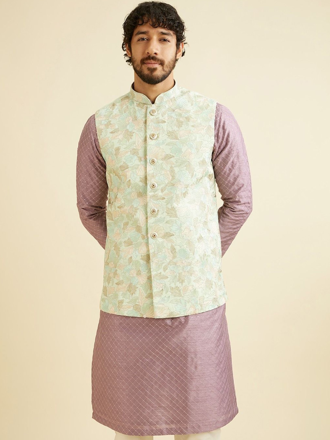 

Manyavar Men Floral Printed Nehru Jackets, Green