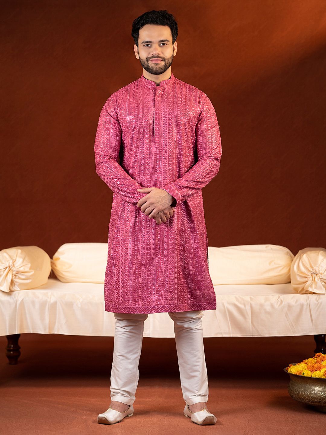 

TheEthnic.Co Floral Embroidered Straight Kurta with Churidar, Pink