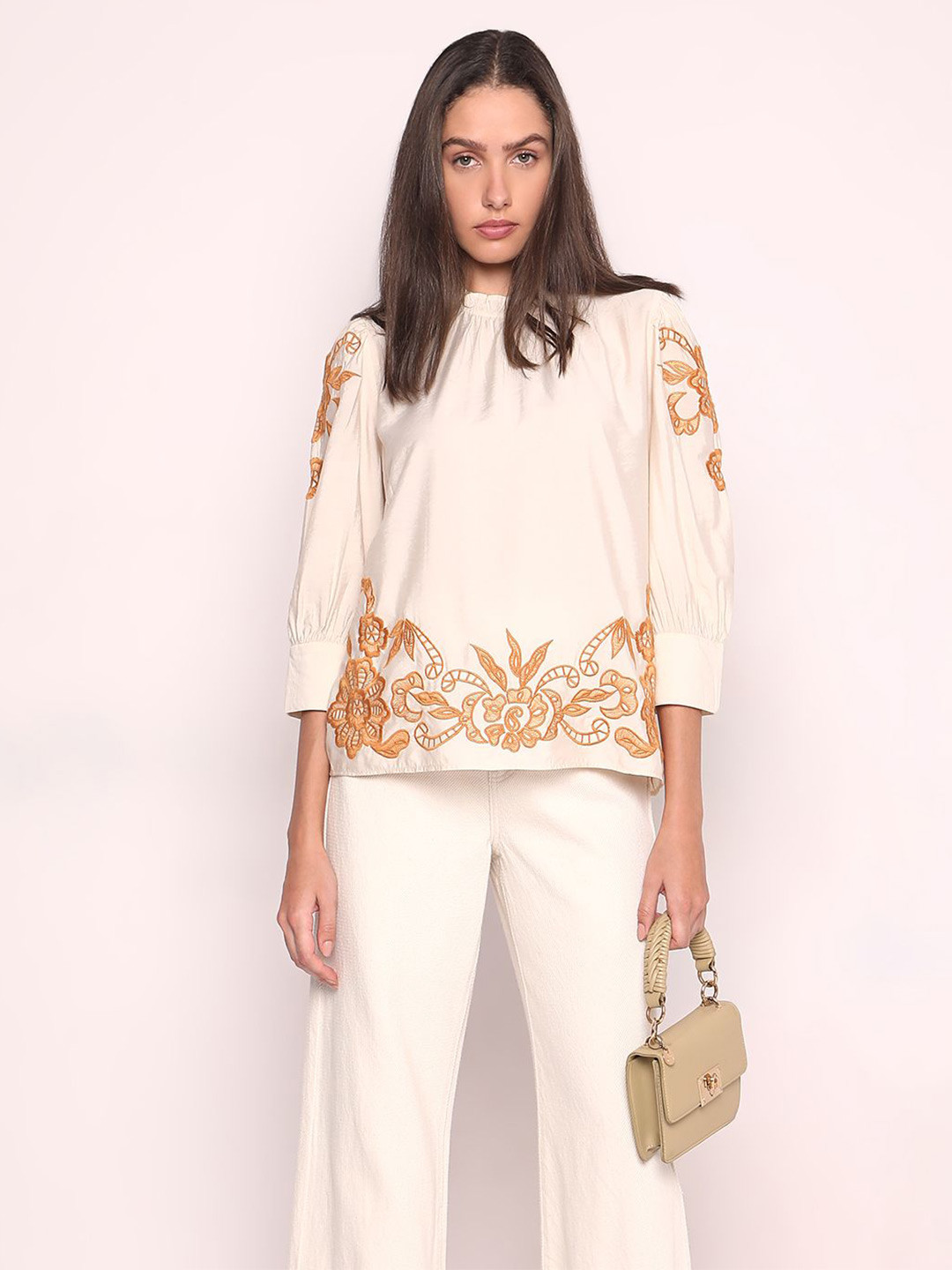 

Vero Moda Women Floral Embroidered Cuffed Sleeves Top, Beige