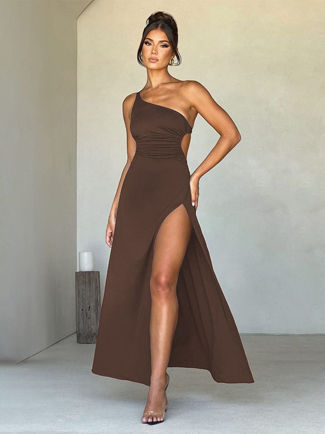

MIAKEE Women One Shoulder Fit & Flare Maxi Dress, Brown