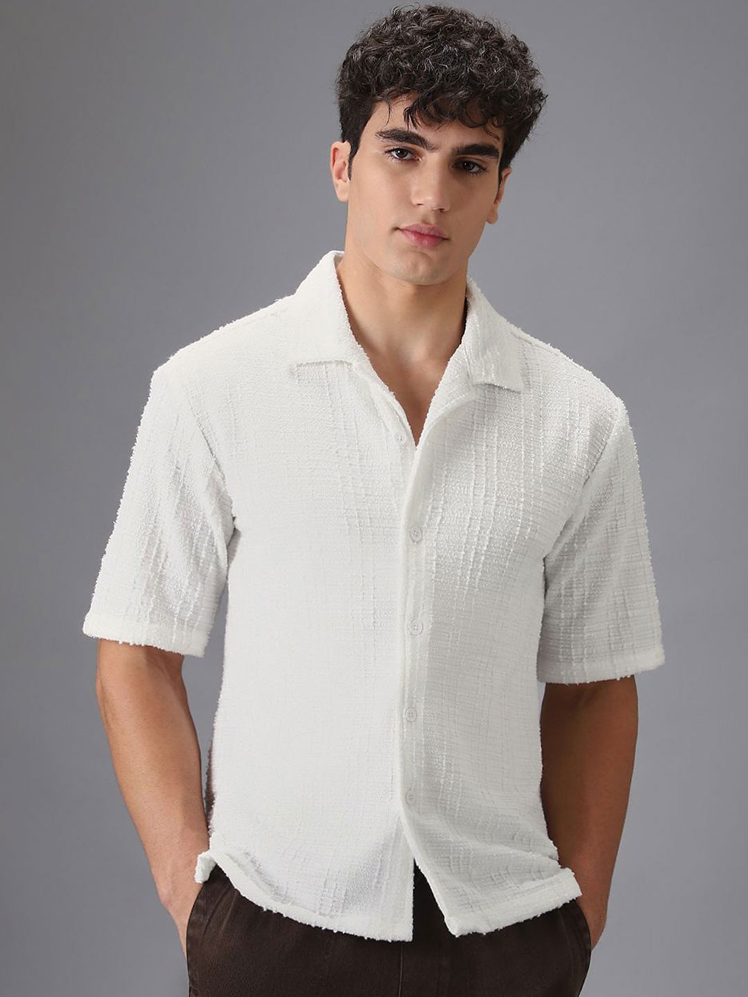 

Banana Club Men Half Sleeves Cuban Collar Knitted Shirt, White