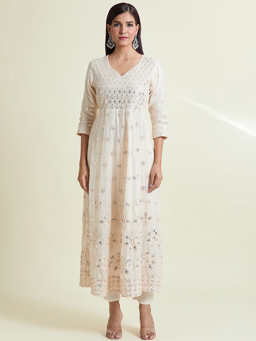 

Adara Khan Floral Embroidered Regular Pure Cotton A-Line Kurta with Salwar, Beige