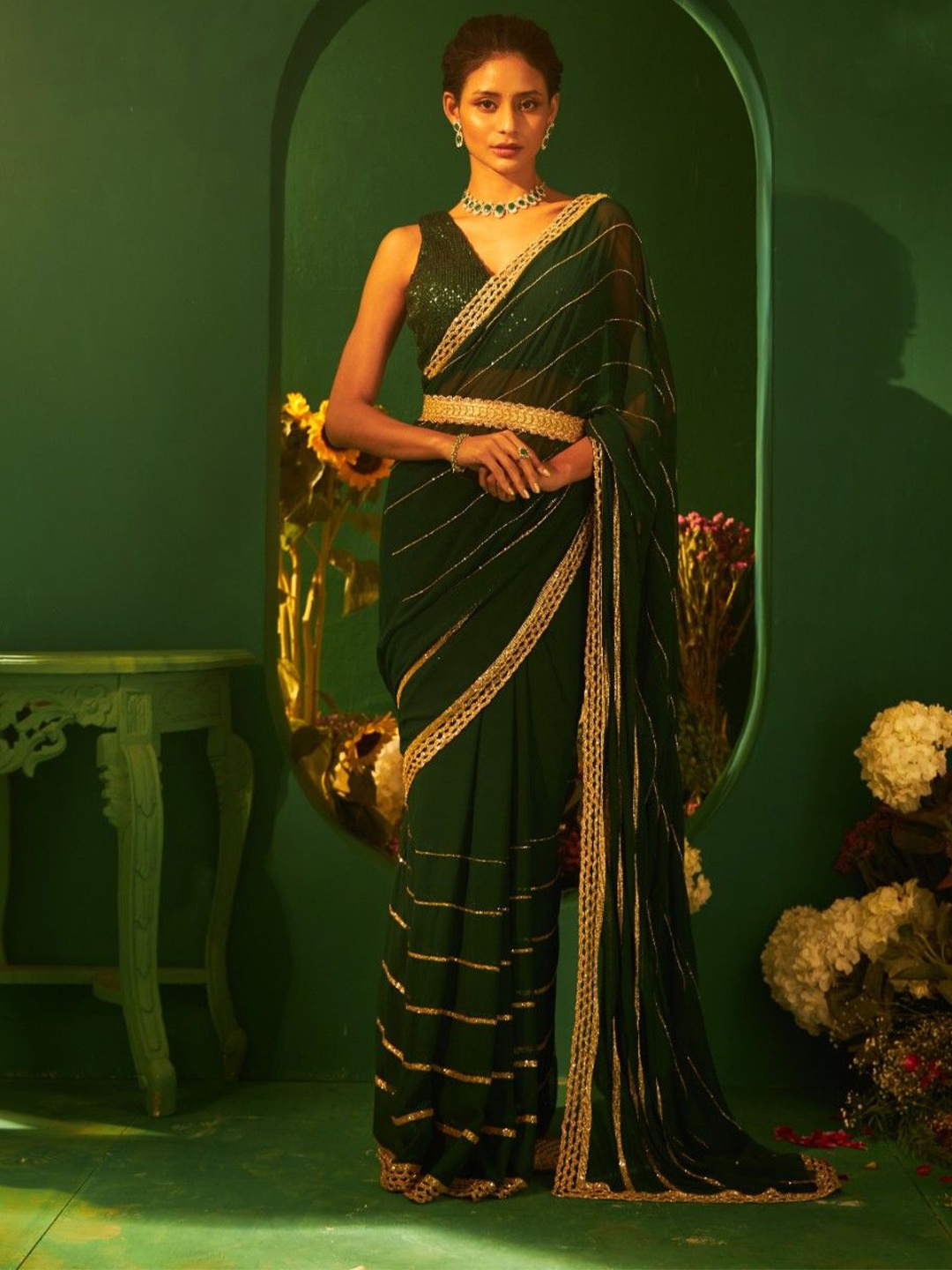 

Sabaahat Embellished Beads and Stones Belted Saree, Green