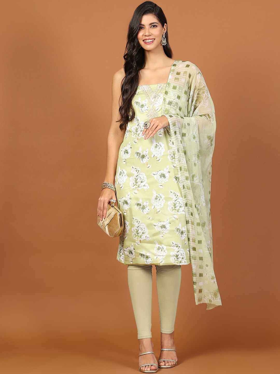 

Meena Bazaar Floral Printed Unstitched Dress Material, Green