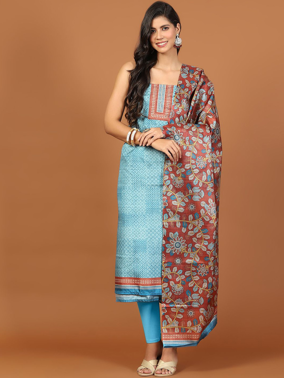 

Meena Bazaar Geometric Printed Tussar Unstitched Dress Material, Blue