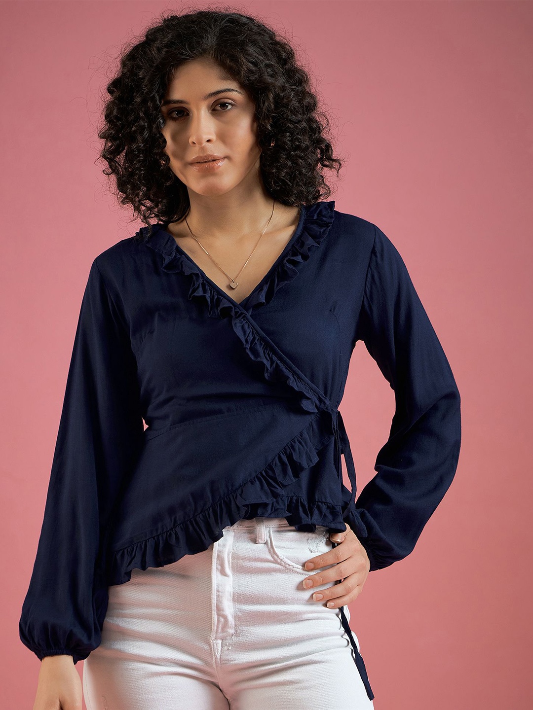 

Mayra Women Solid Ruffles Wrap Top, Navy blue