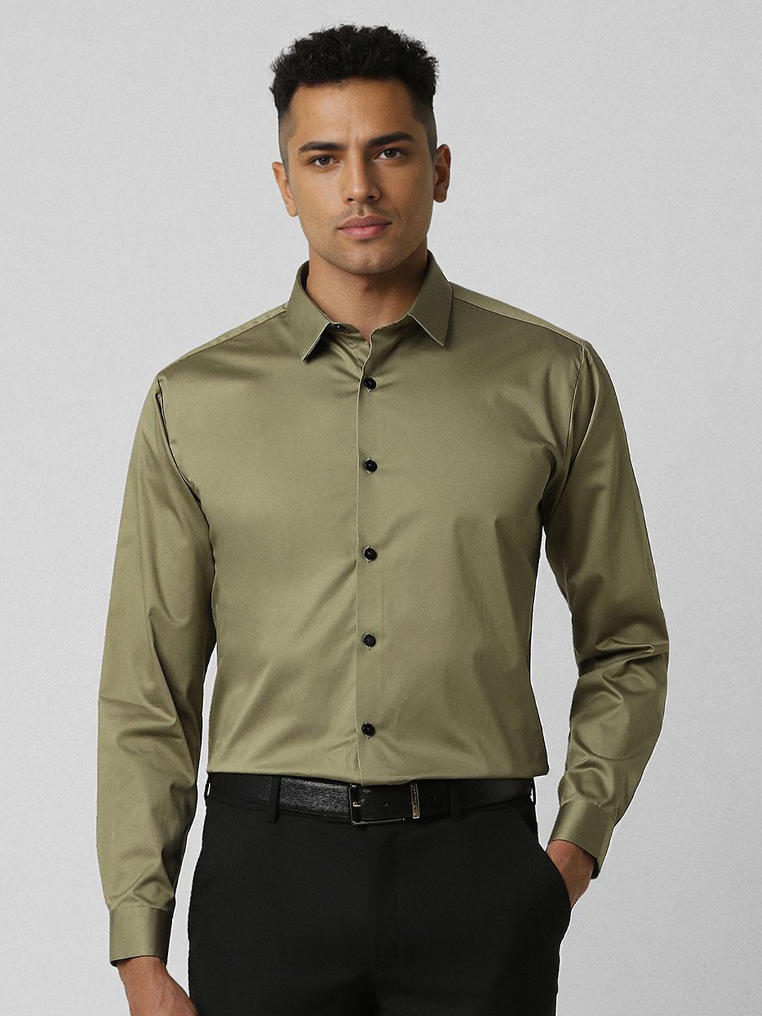 

V Dot Men Spread Collar Solid Cotton Slim Fit Formal Shirt, Olive