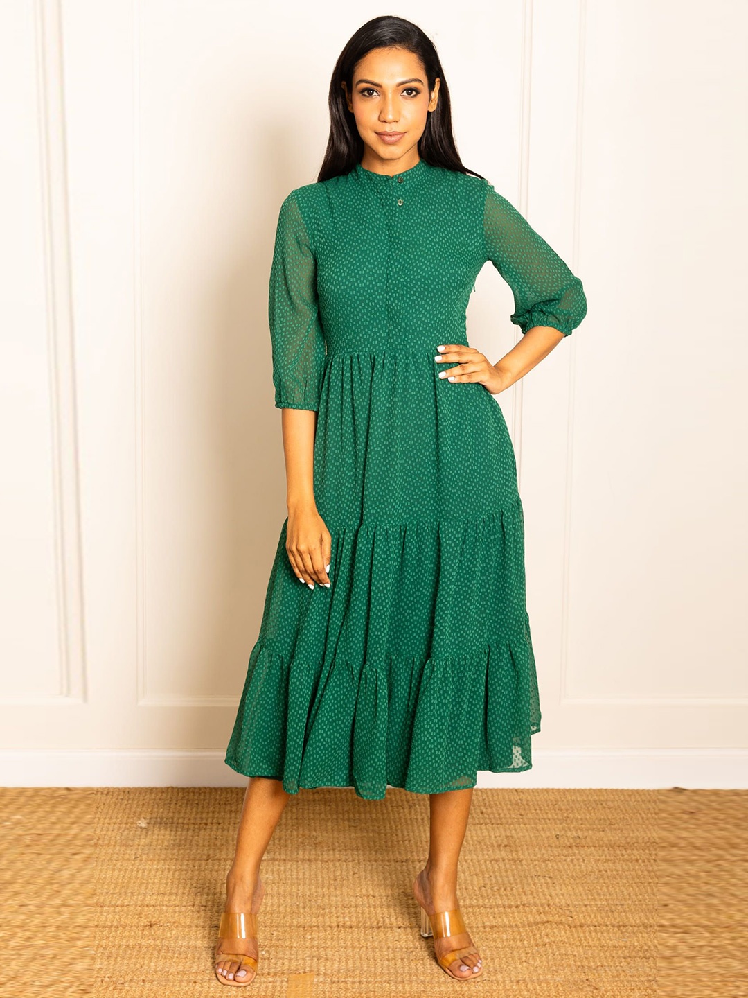 

ELEVEN.O.ONE Georgette Formal Fit & Flare Midi Dress, Green