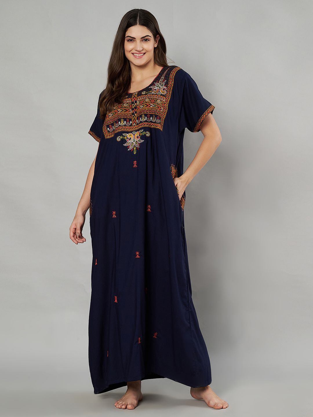 

KOI SLEEPWEAR Women Embroidered Maxi Nightdress, Navy blue