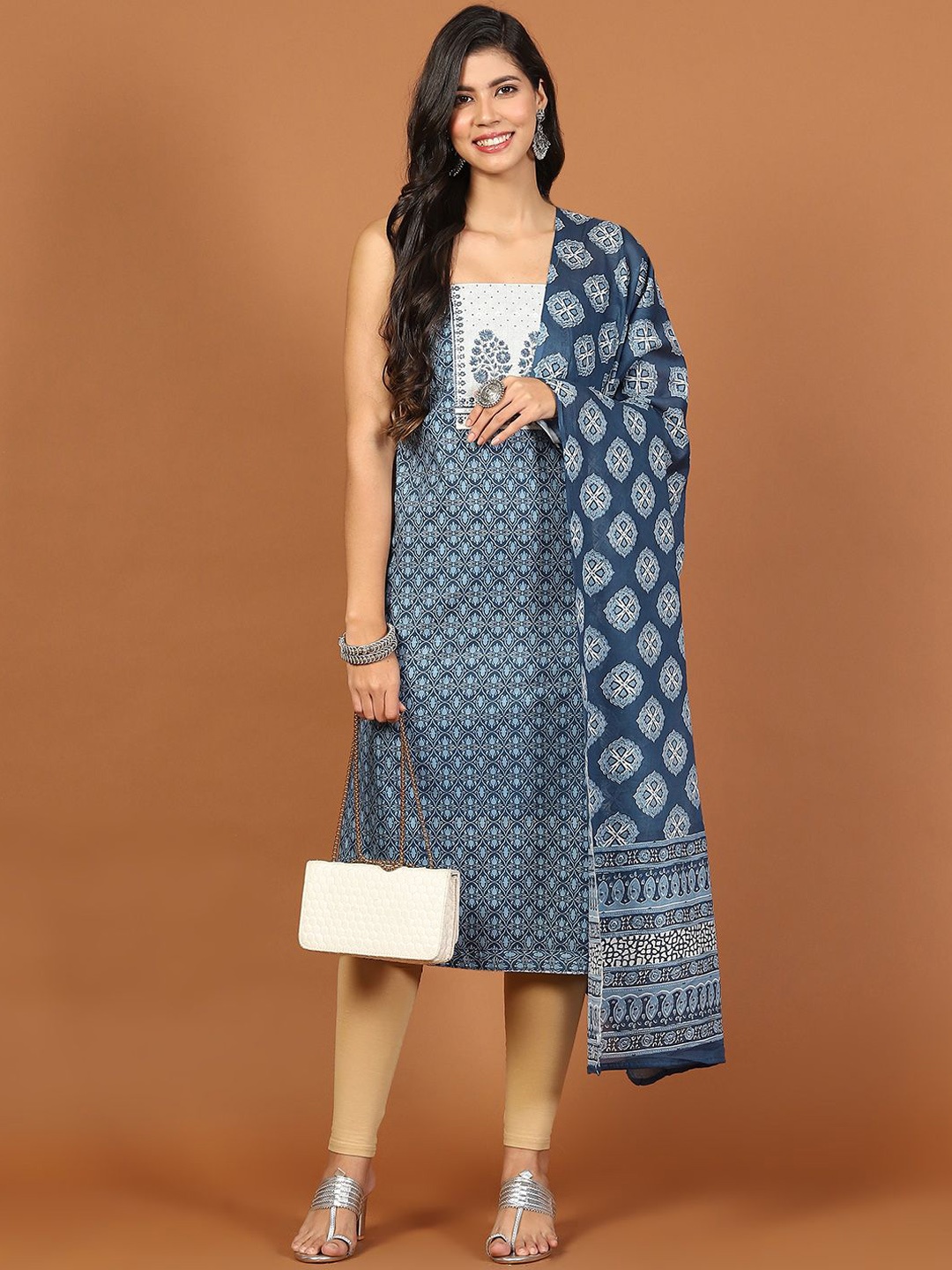 

Meena Bazaar Ethnic Motifs Printed Cotton Unstitched Dress Material, Blue