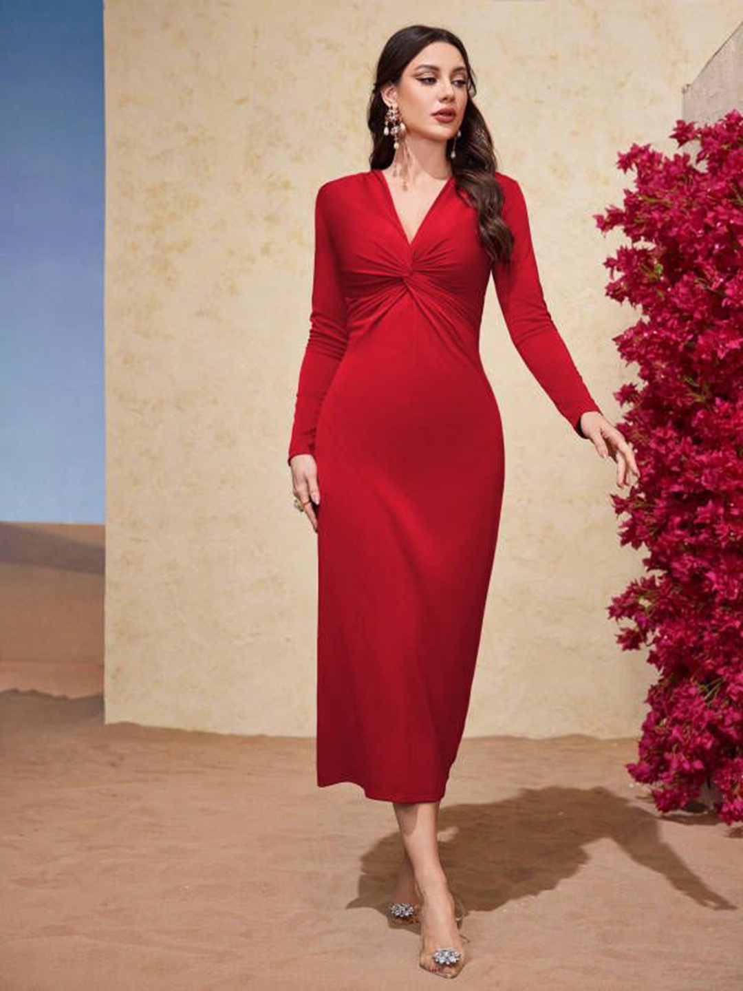 

HERE&NOW V-Neck Sheath Midi Dress, Red
