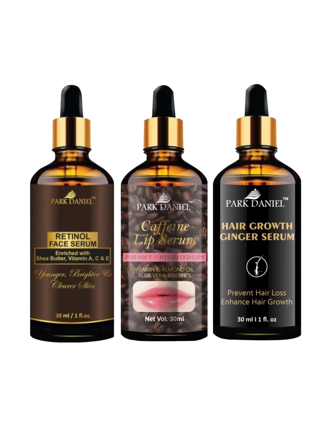 

Park Daniel Set of 3 Retinol Face Serum & Caffeine Lip Serum, Hair Growth Serum -30 ml, Multi