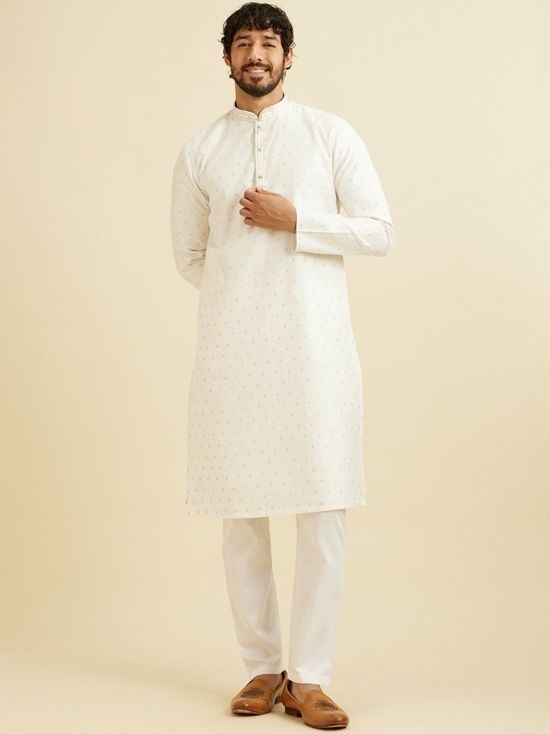 

Manyavar Floral Woven Design Thread Work Mandarin Collar Straight Kurta With Pyjama, White