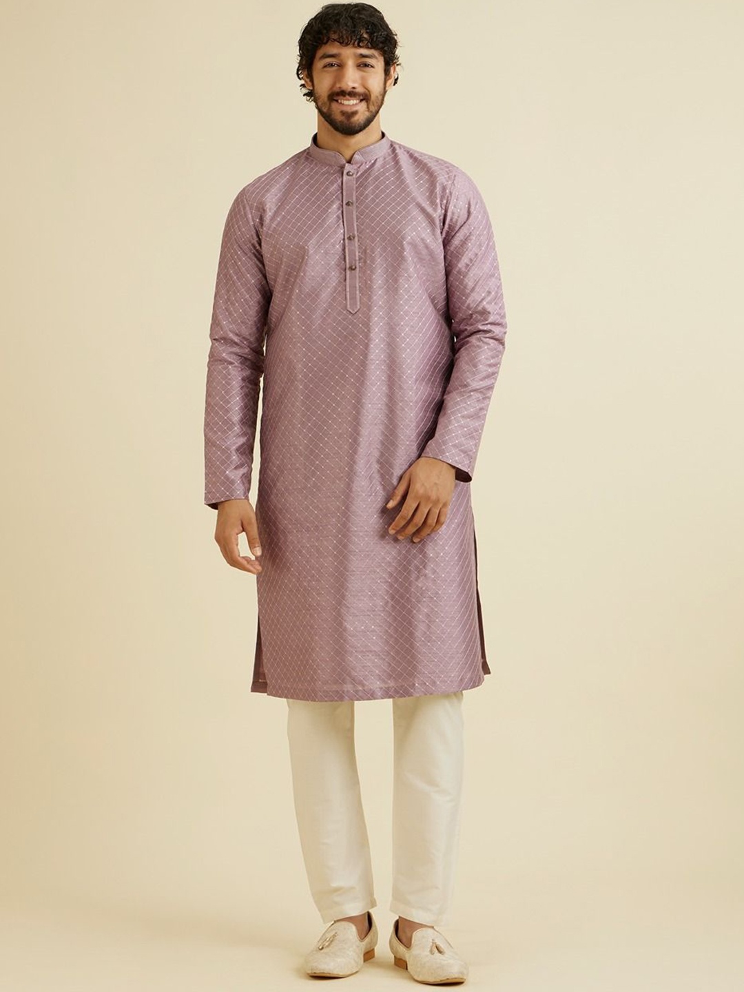 

Manyavar Checked Embroidered Sequinned Mandarin Collar Straight Kurta With Trousers, Purple