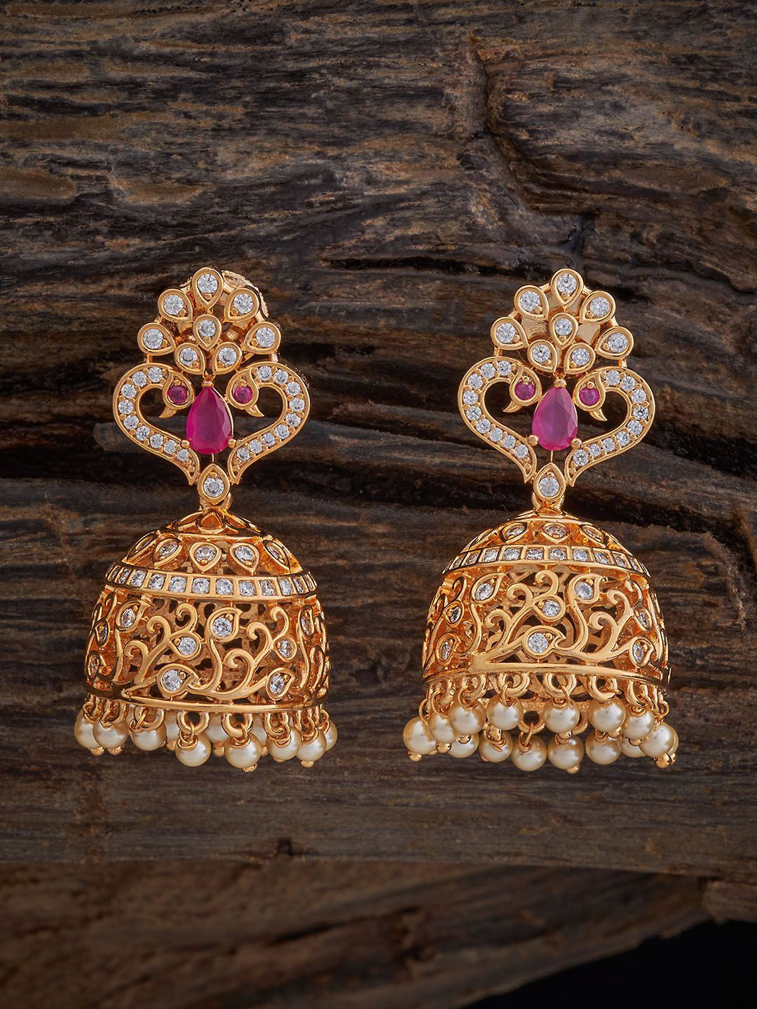 

Kushal's Fashion Jewellery Gold Plated Cubic Zirconia Dome Shaped Jhumkas, Red
