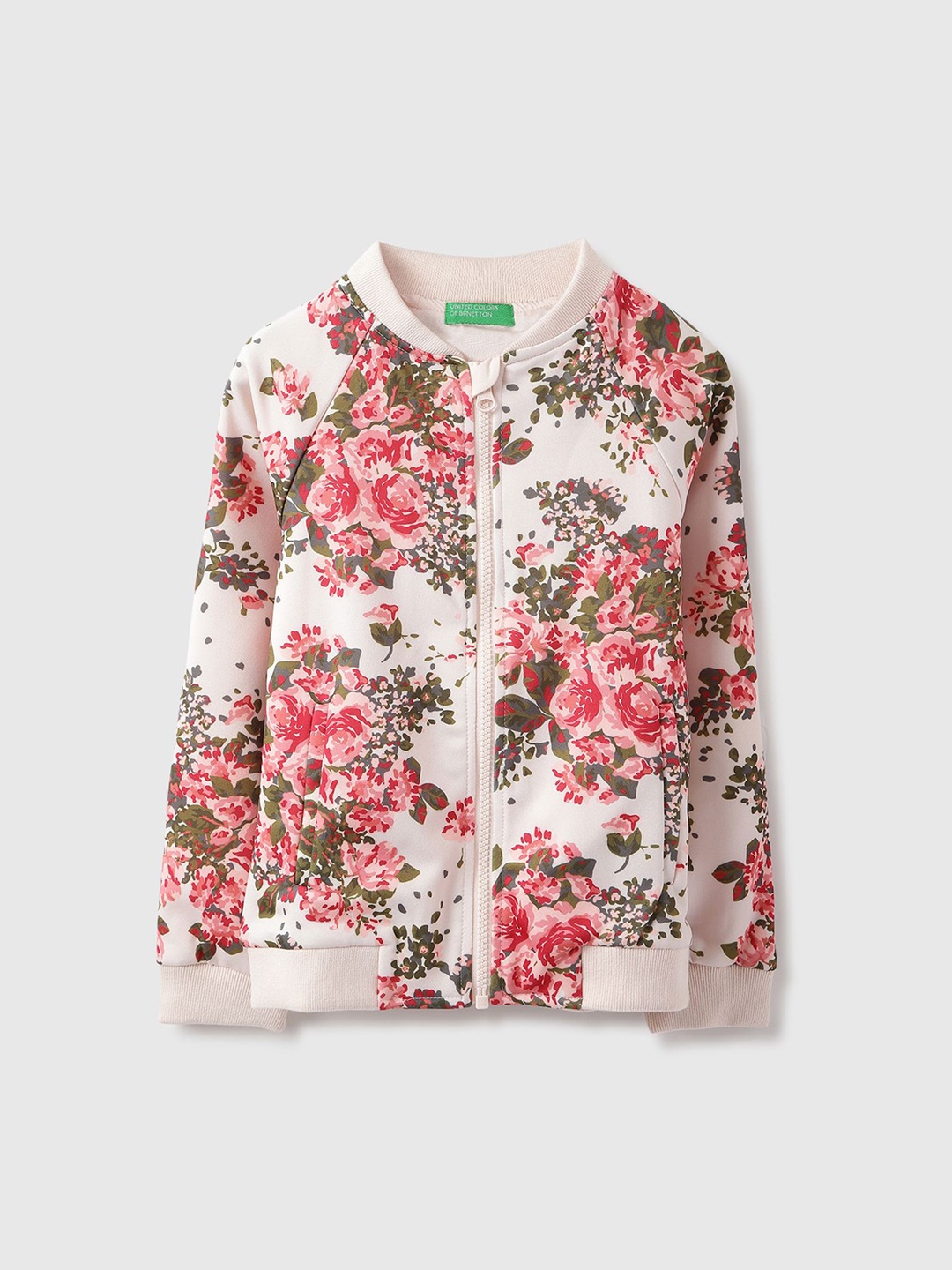 

United Colors of Benetton Girls Stand Collar Floral Printed Casual Bomber Jacket, Cream