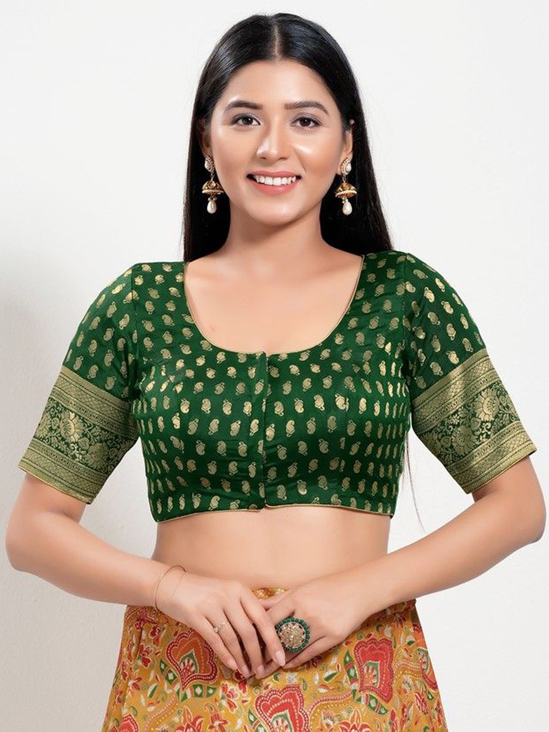 

Mmore Women Woven Design Saree Blouse, Green