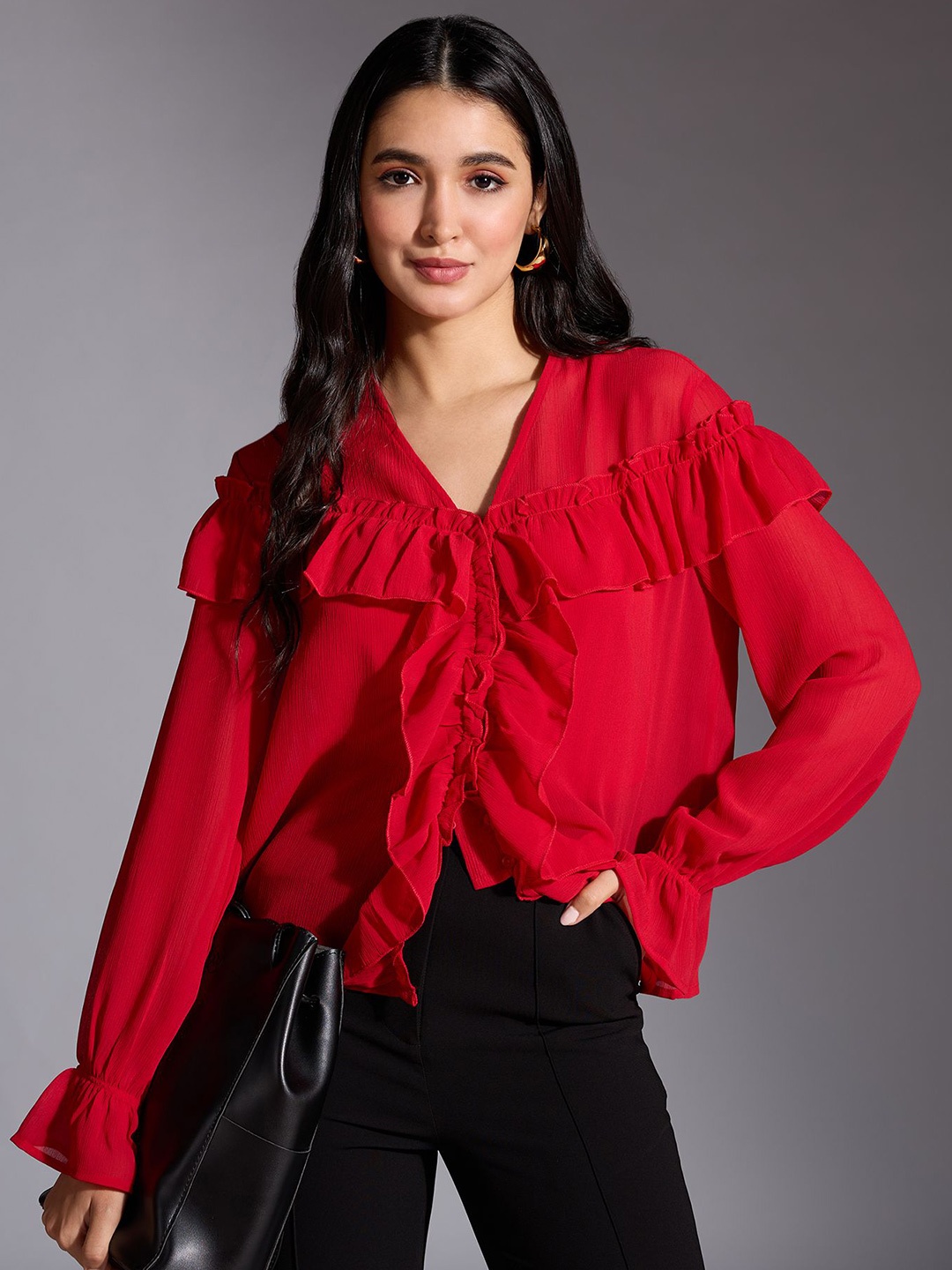 

20Dresses Bell Sleeve Chiffon Blouson Top, Red