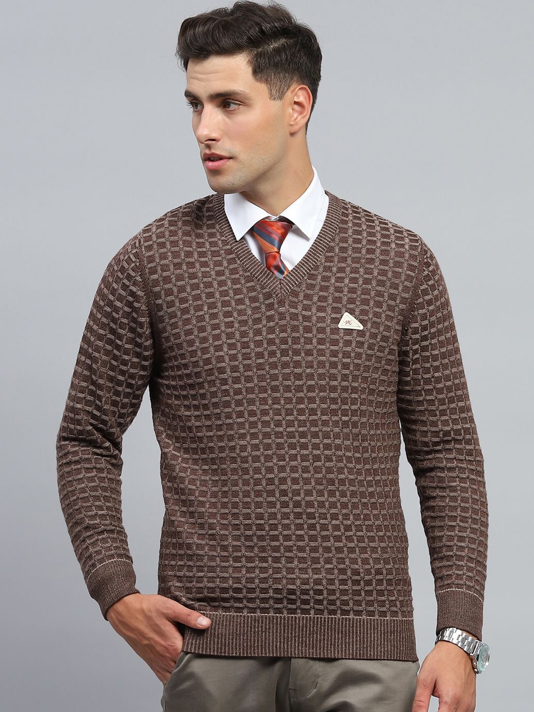 

Monte Carlo Men Checked Woollen Pullover, Brown