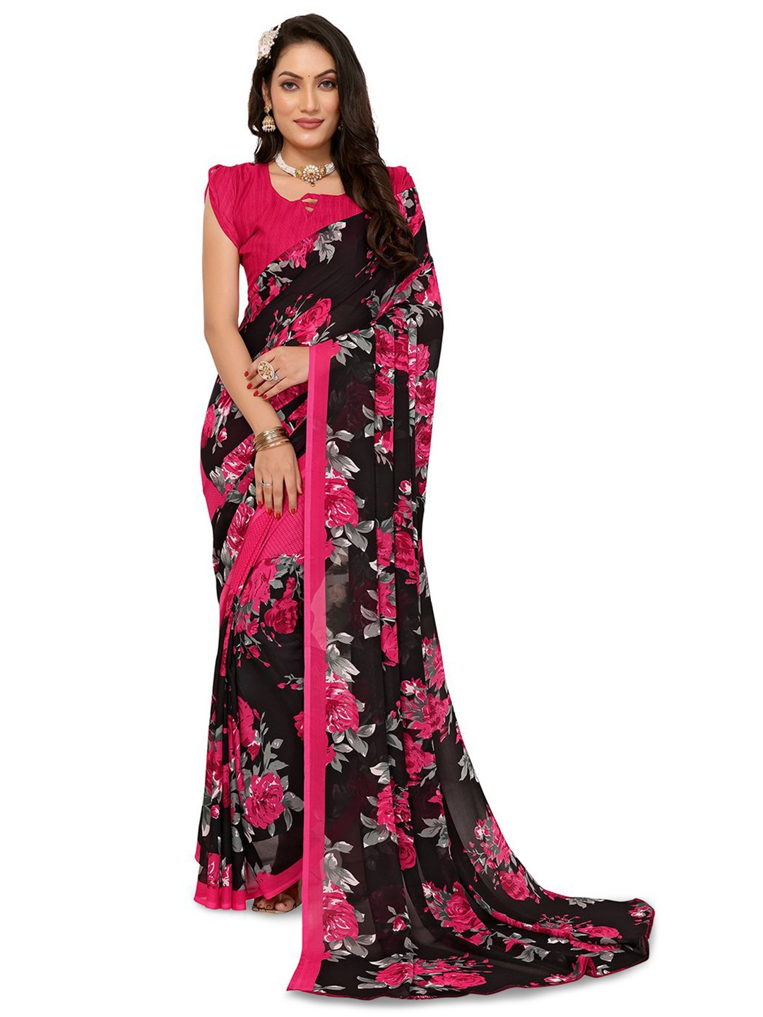 

ANAND SAREES Floral Poly Georgette Saree, Pink