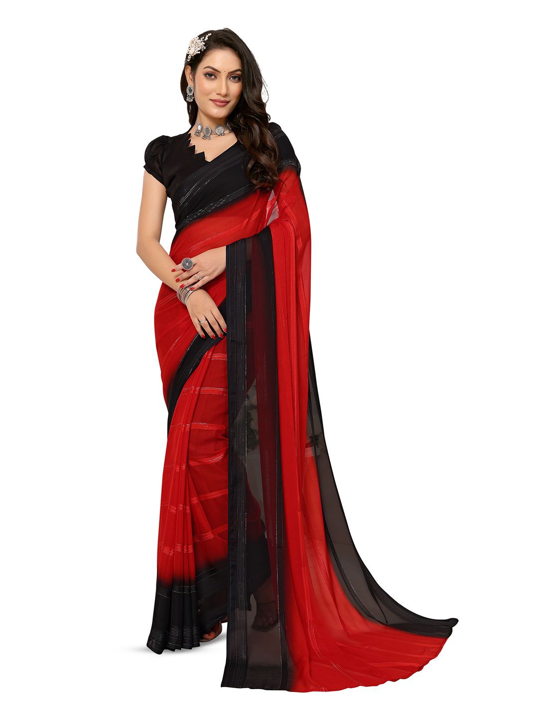 

Moda Rapido Striped Satin Saree, Red
