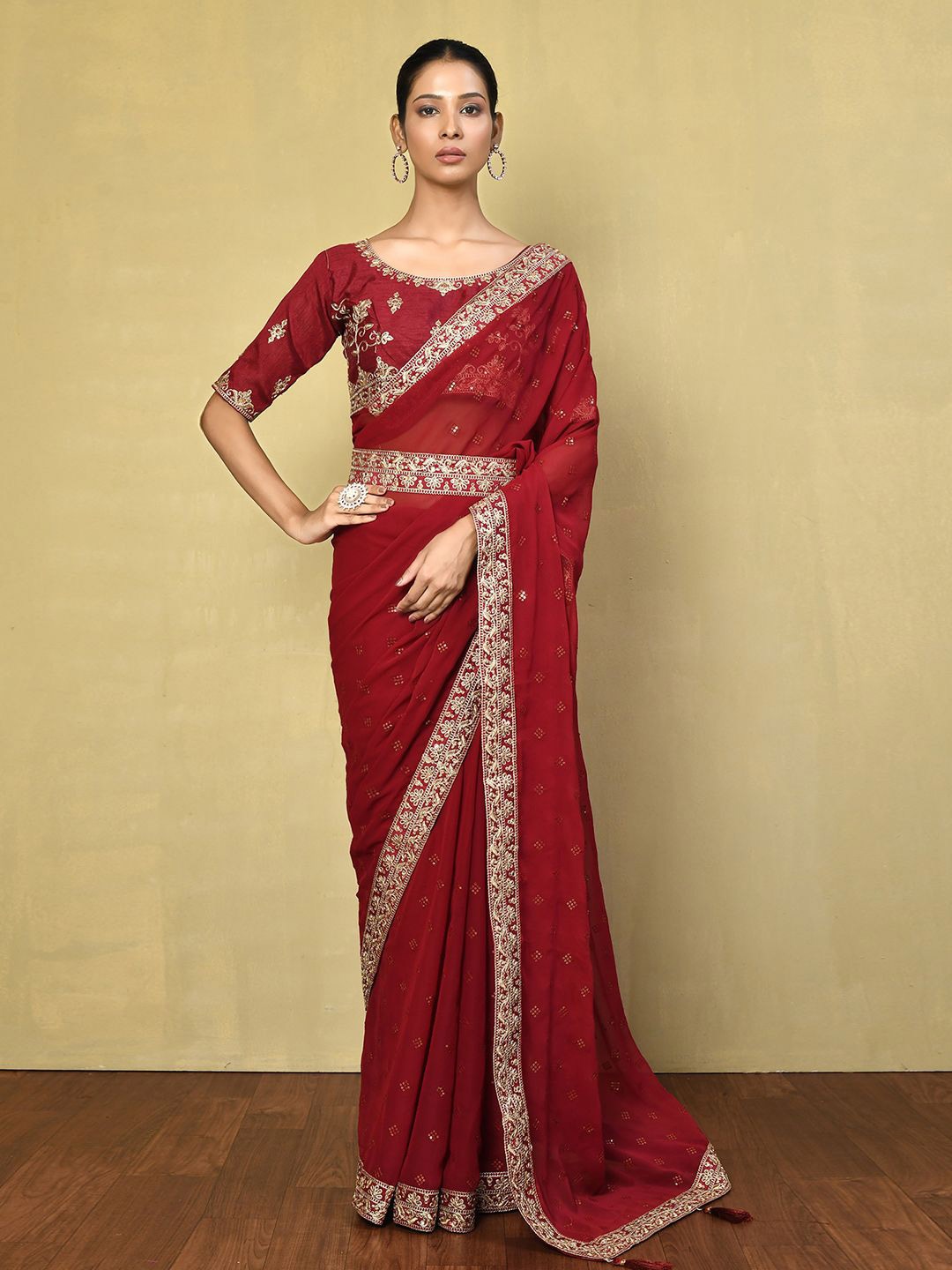 

Samyukta Singhania Floral Embroidered Poly Georgette Belted Saree, Maroon