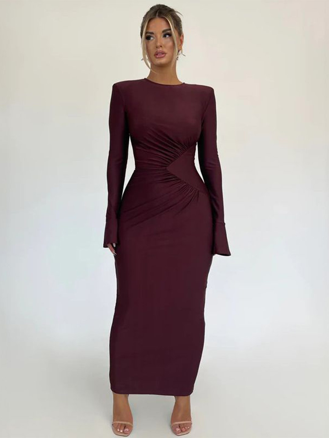 

MIAKEE Women Round Neck Bodycon Maxi Dress, Maroon