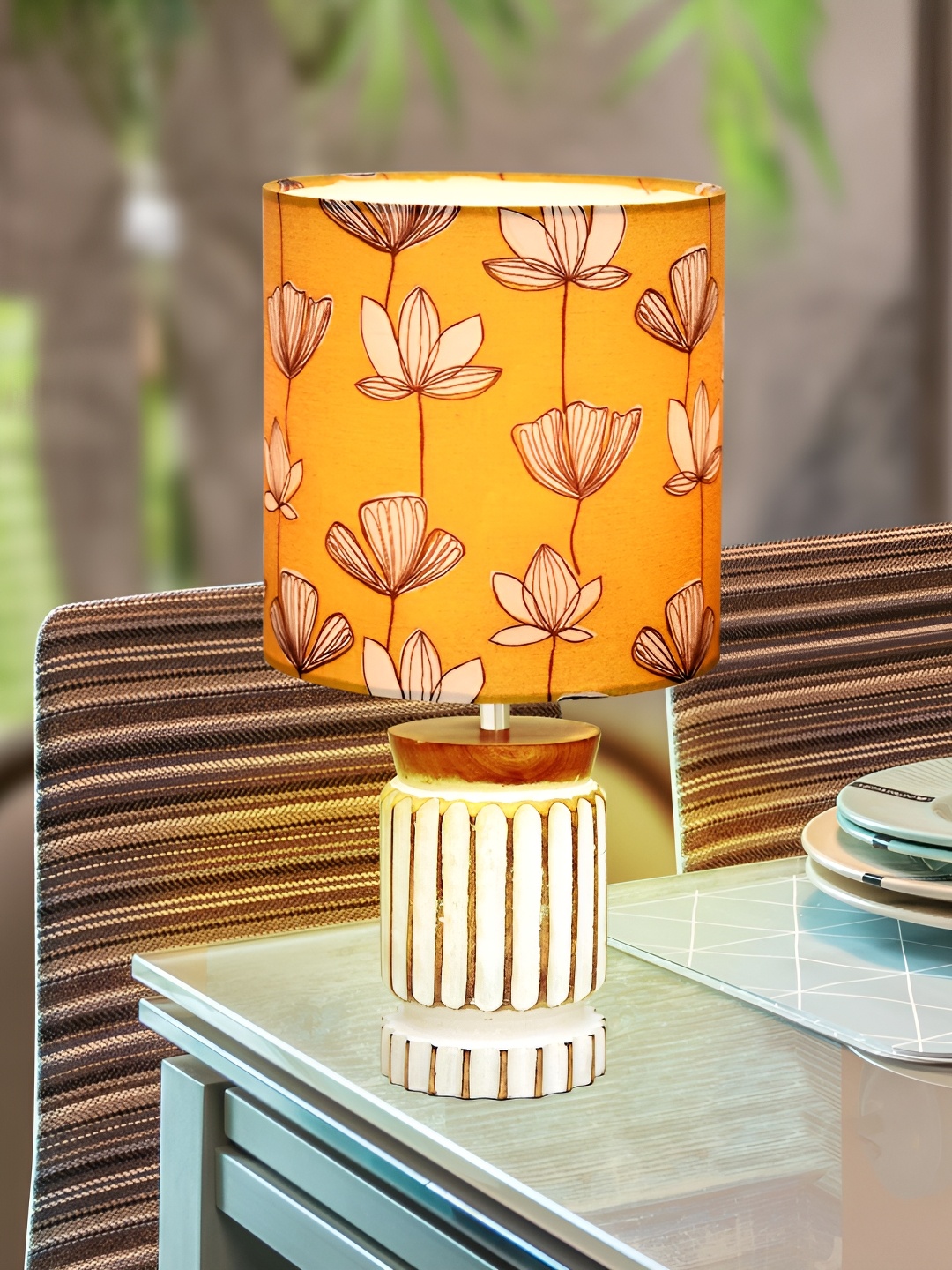 

Homesake Yellow Printed Cotton Contemporary Cylindrical Shaped Table Lamp with Bulb