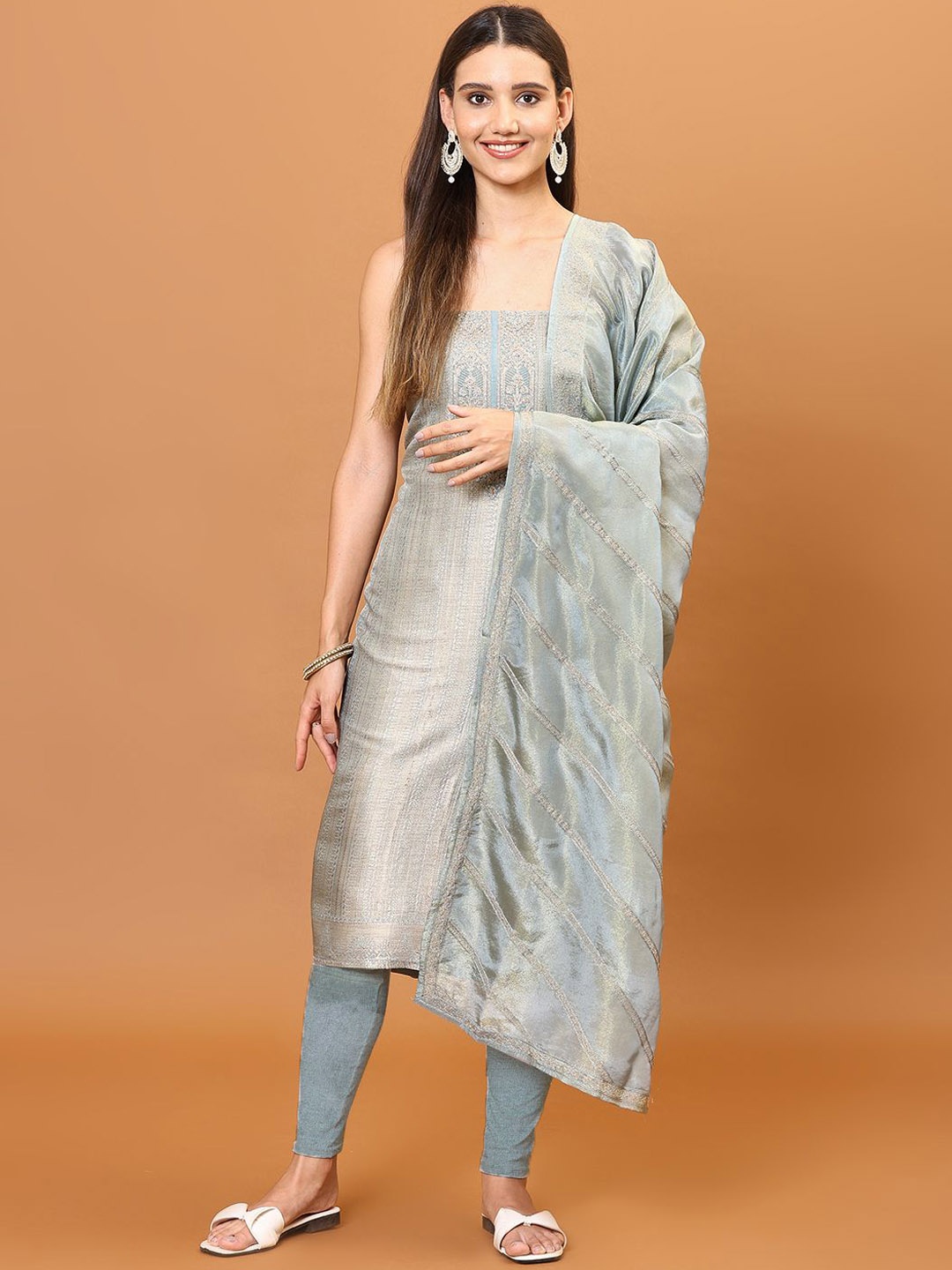 

Meena Bazaar Ethnic Motifs Woven Design Sequinned Art Silk Unstitched Dress Material, Blue