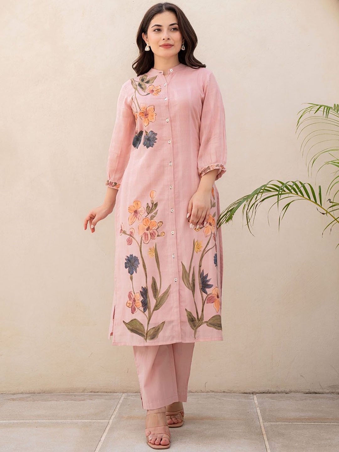 

FASHION DWAR Floral Printed Pure Cotton Three Quarter Sleeve Tunic & Trouser Co-Ords, Pink