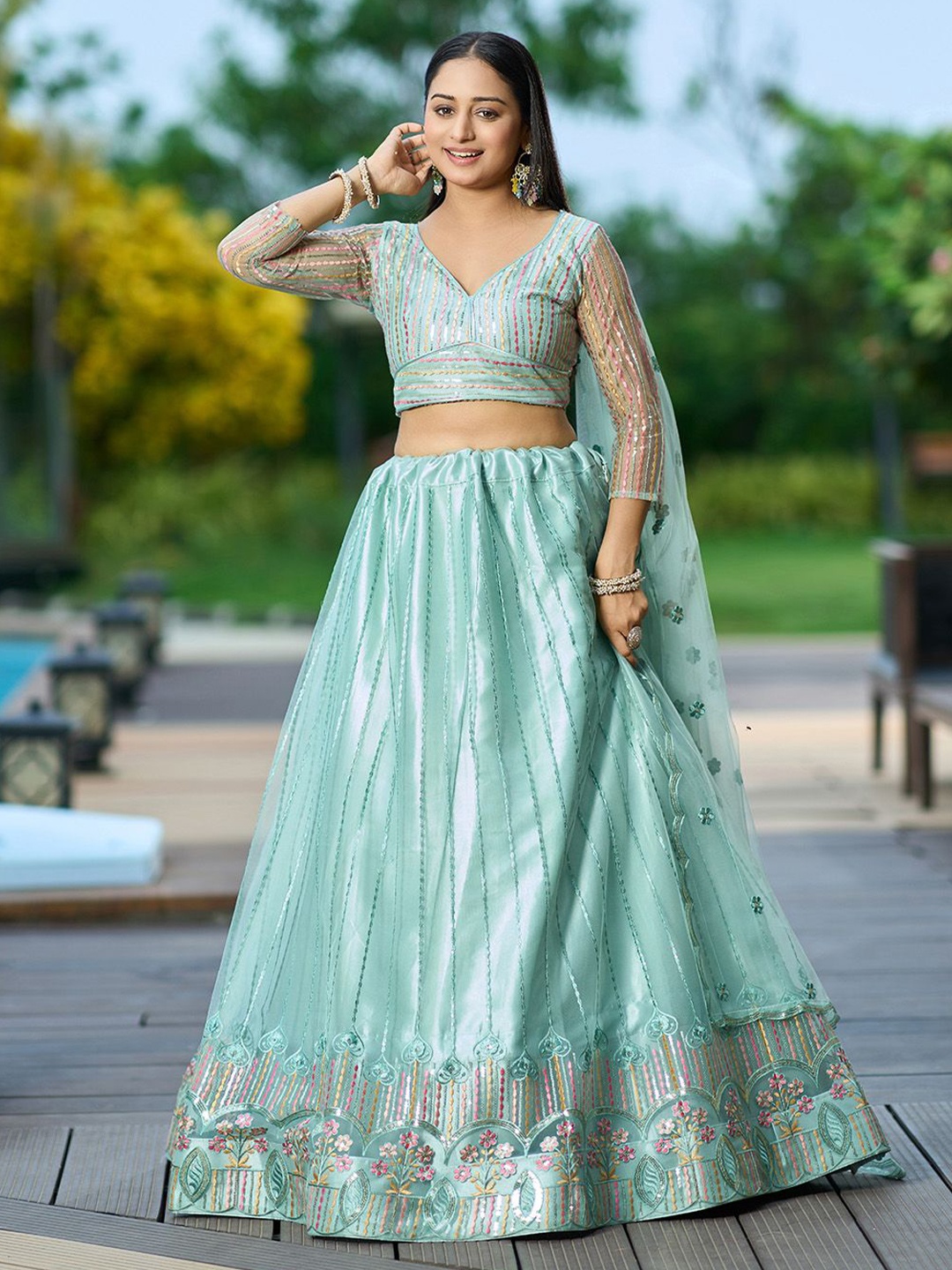 

KALINI Embroidered Thread Work Semi-Stitched Lehenga & Unstitched Blouse With Dupatta, Green