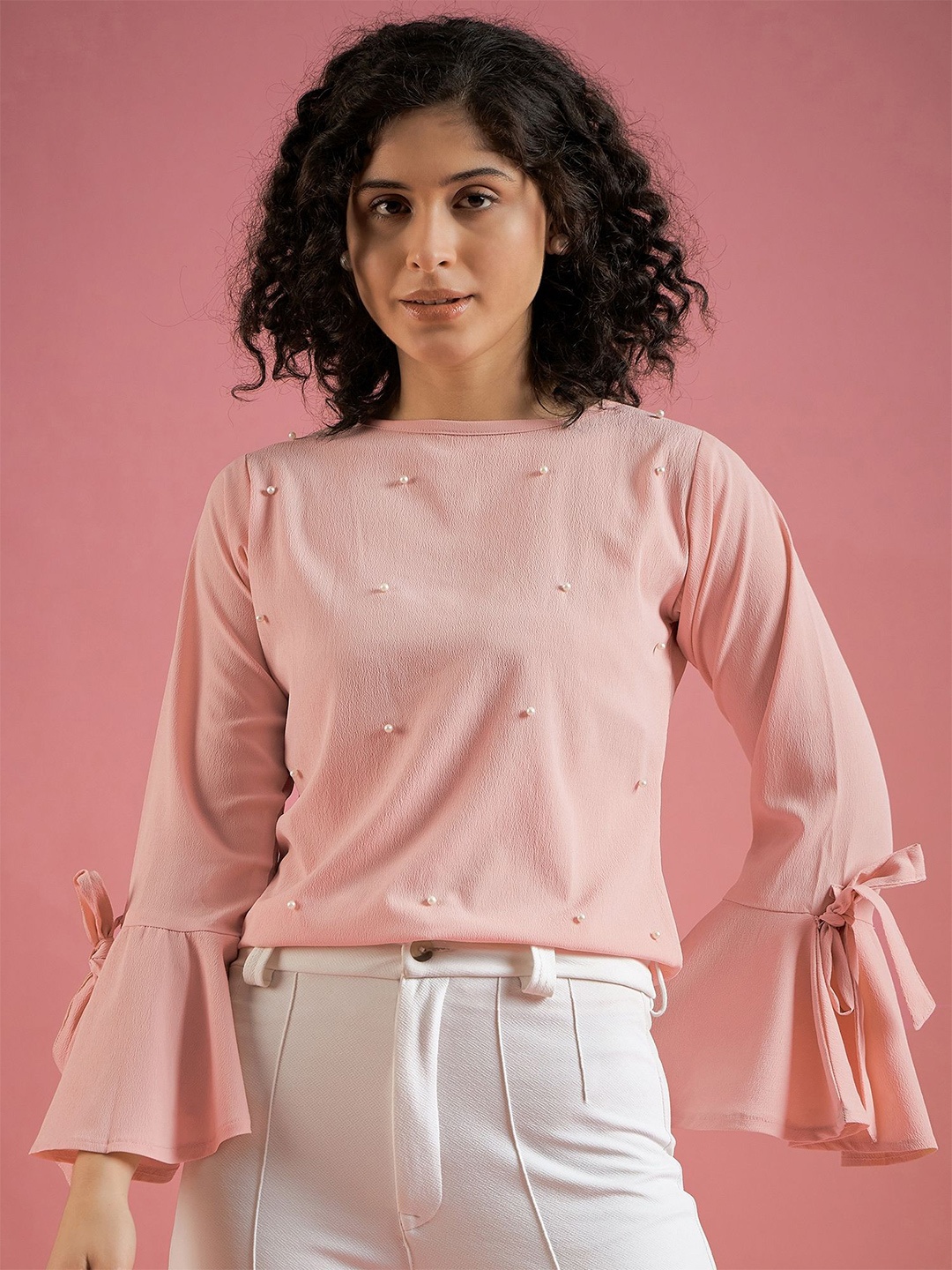

Mayra Women Embellished Bell Sleeves Party Top, Pink