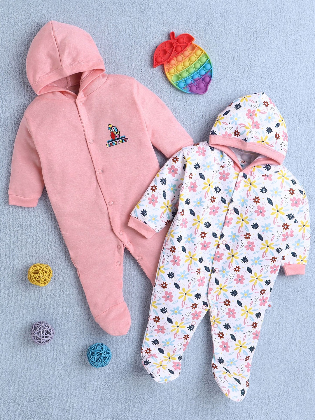 

BUMZEE Pack of 2 Girls Cotton Printed Hooded Sleepsuit, Peach