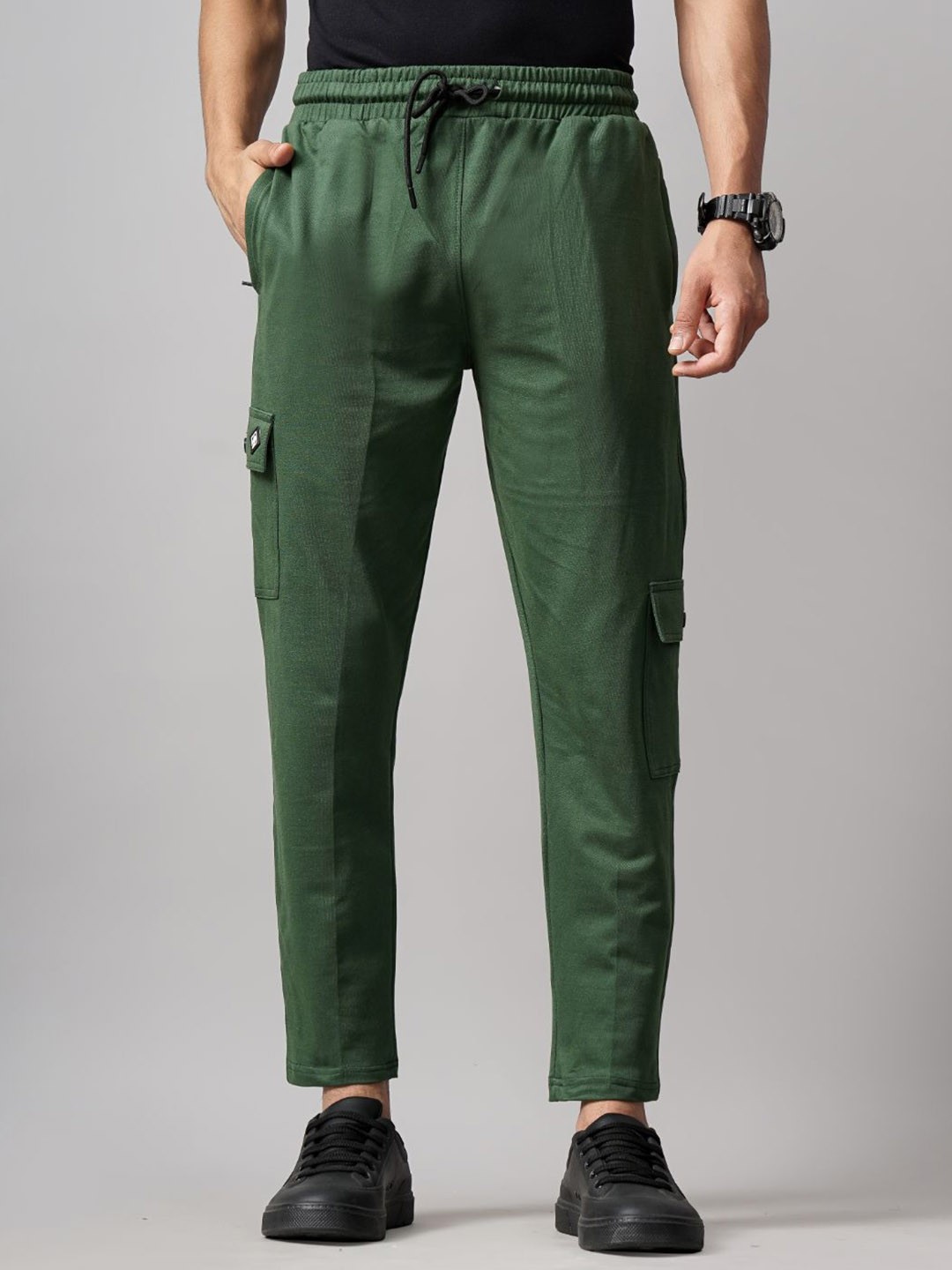 

PAUL STREET Men Relaxed Straight Fit Cotton Cargos Trousers, Olive