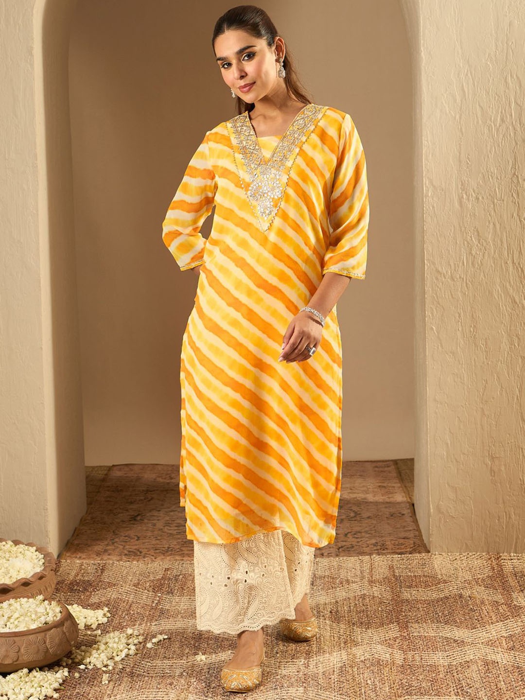 

Indo Era Leheriya Embroidered Straight Kurta, Yellow