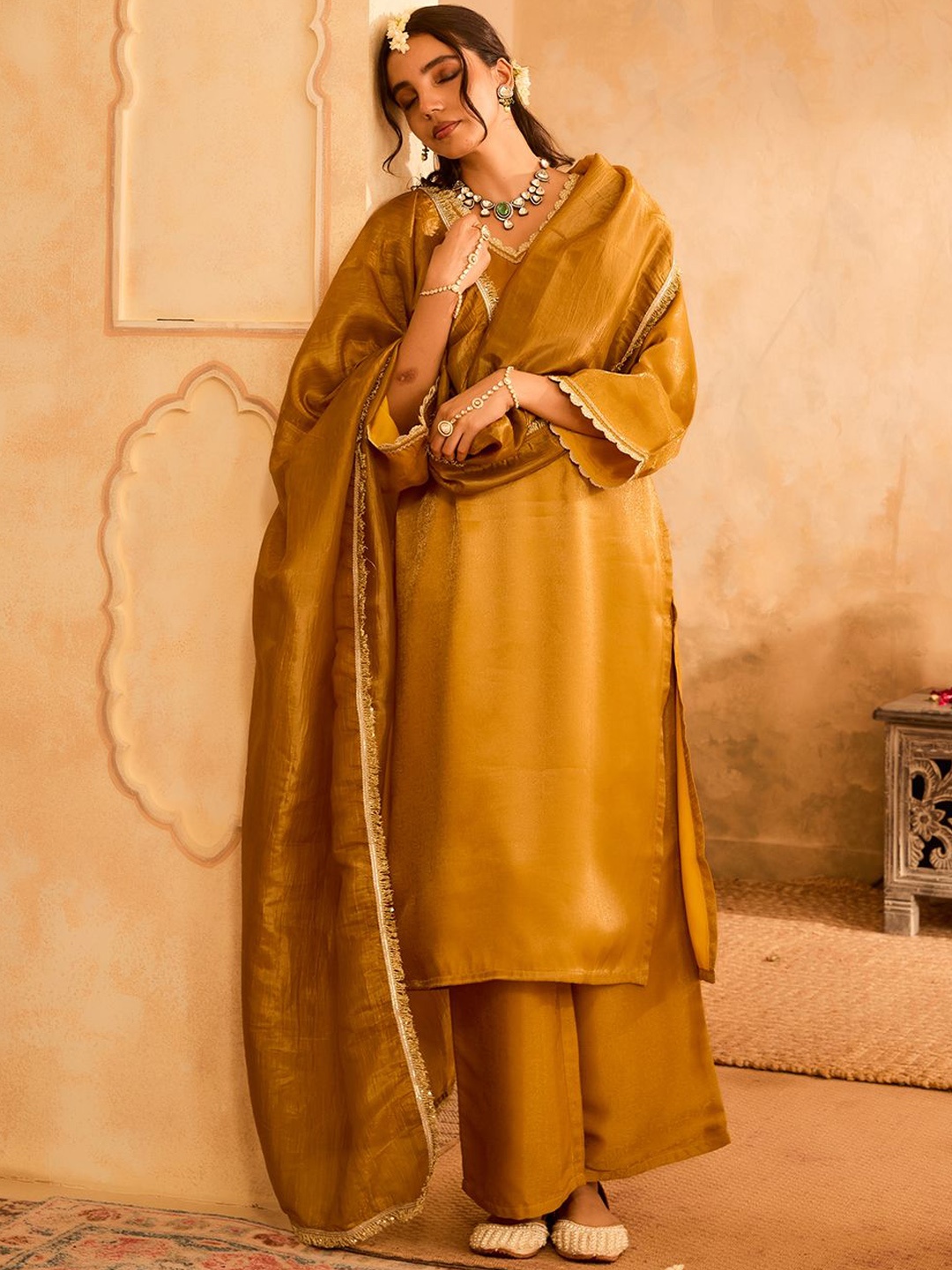 

Bani Women Gotta Patti Pure Silk Straight Kurta with Palazzos & Dupatta, Mustard