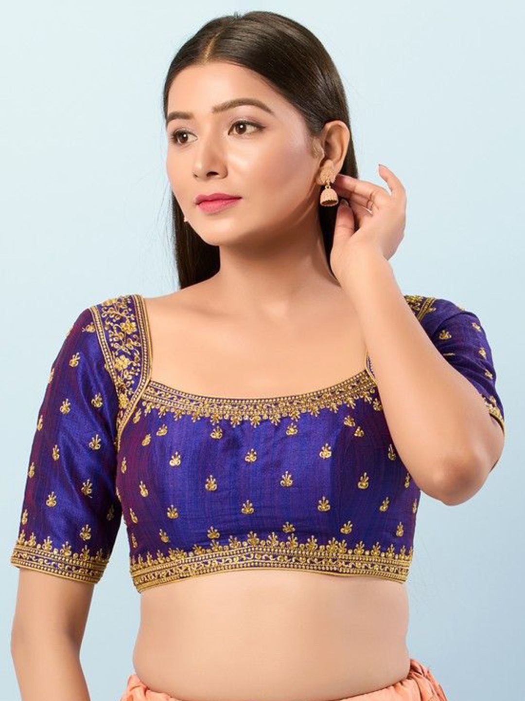 

Mmore Embroidered Padded Square Neck Saree Blouse, Purple